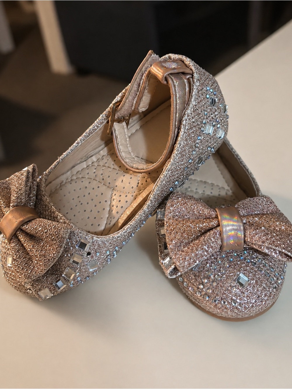 Girls Rose Gold Bow Rhinestone Dress Flats